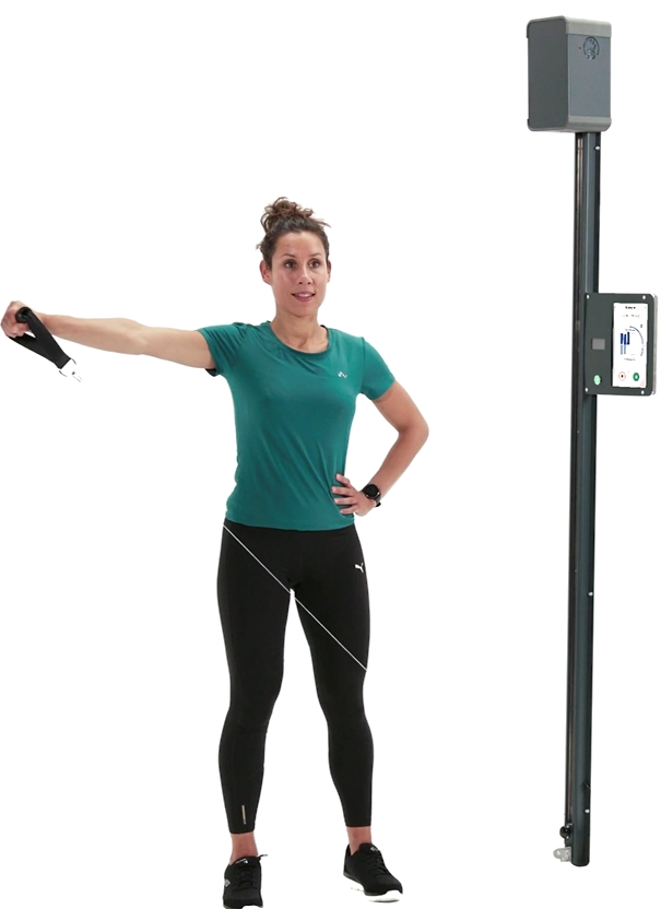 A person training with the Reforter, a wall-mounted smart resistance device