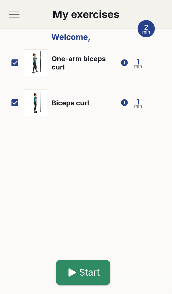 Reforter touchscreen showing the exercise list for a session