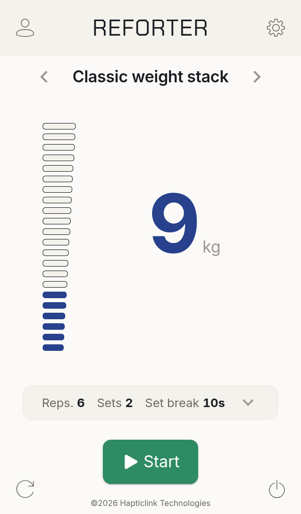 Reforter touchscreen showing a live workout on the classic weight stack